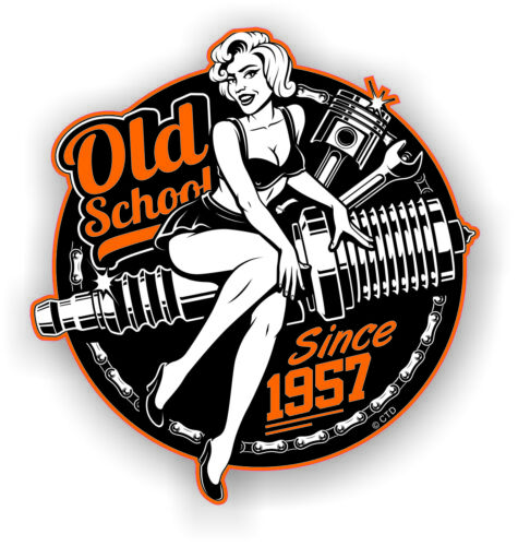 Old School Pin-Up Girl Year Dated 1957 Cafe Racer Biker Motorcycle Car Sticker - Afbeelding 1 van 1