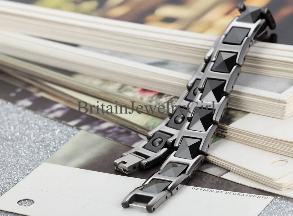 Мужской байкерский здоровый магнитный черный керамический квадратный браслет из звеньев вольфрамовый браслет - Изображение 4 из 4