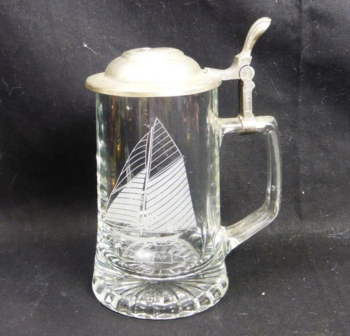 Vintage Glass Beer Stein Pewter Lid Columbia 1901 ALWE W Germany Anchor Etch - Picture 7 of 8