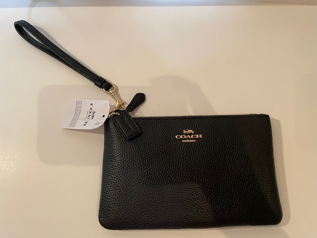 coach small wristlet in polished pebble leather