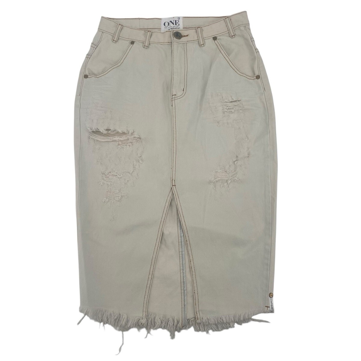 One Teaspoon Size Off White Denim Distressed Midi Skirt NWT