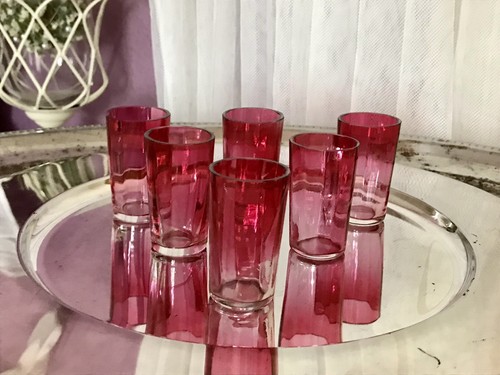 Antik um 1900 6x kleine Schnapsgläser Likör optisch gerippt Glas Rubin rot - Bild 7 von 12