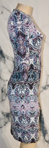 MAGGY LONDON Blue Purple Black Patterned Dress 4 3/4 Sleeves Lined Bodice - Picture 4 of 9