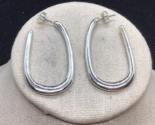 Vintage Silver Tone Costume Large Oblong Hoop Earrings D671