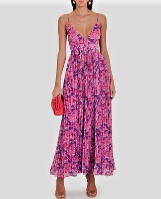 Rococo Sand Lei Floral Polychighone Pleated Maxi Dress in Bubblegum sz M $498