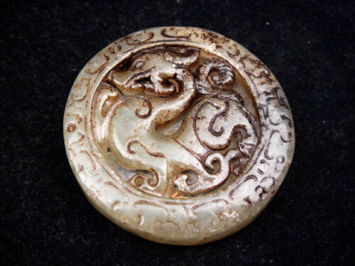 Old Nephrite Jade Stone 2-Side Carved Pendant Walking Dragons #10302308 - Picture 1 of 6