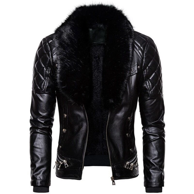 Motorcycle Wool Leather Jacket Men Turn Down Fur Collar Male Warm