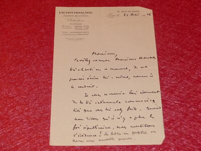 LETTRE SIGNEE  AUTOGRAPHE BERNARD DE VAULX (Journaliste) 1926 Action Française
