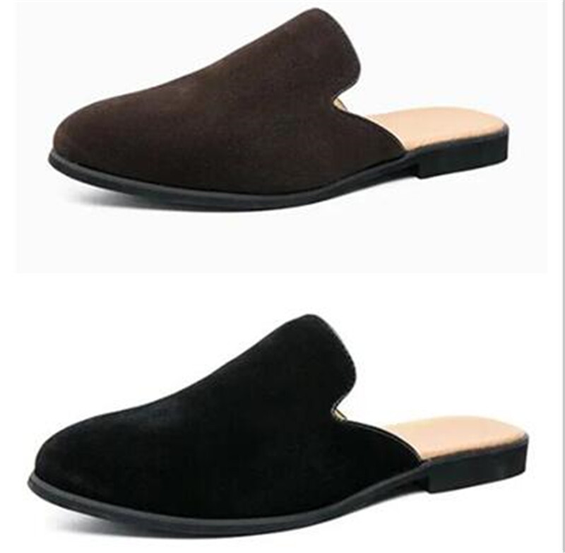 【INCHANT ME】Suede Round Mules Slippers Mens Loafers Shoes Mules Slip-on Suede Slippers Lightweight