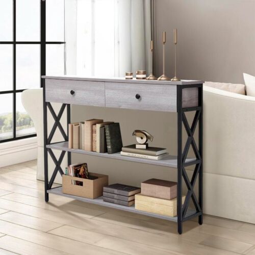 Rustic Grey Narrow Wooden Console Table with Drawers - Picture 9 of 12