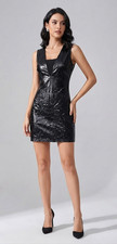 Women's Black Faux Leather Sleeveless Mini Dress Deep V-Neck Party Clubwear XS