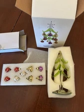 LS Arts Green Glass Holiday Tree 8" Tall with 12 Pearled Ornaments