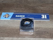 Ethan Haider Game Used Hockey locker Nameplate & Puck Atlanta Gladiators 