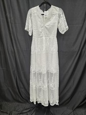 White Floral Lace V Neck Boho Wedding Maxi Dress Women  s Size M