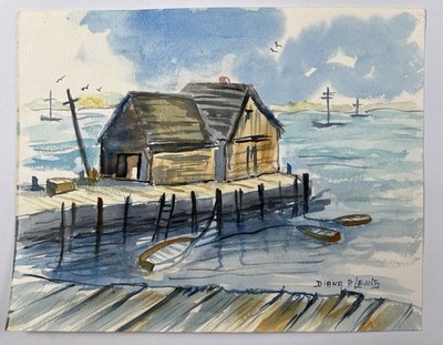 Diana P. Lewis Watercolor Seaside Harbor Dock Boat Scene 11x14  Signed Original