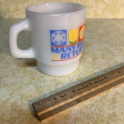 Vintage 1982 McDonalds Milk Glass Coffee Mug Many Happy Returns - Anchor Hocking