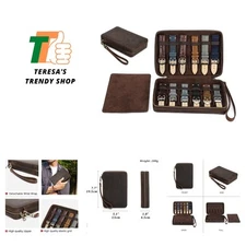 Crazy Horse Leather 12-Slot Watch Band Travel Case with Detachable Strap