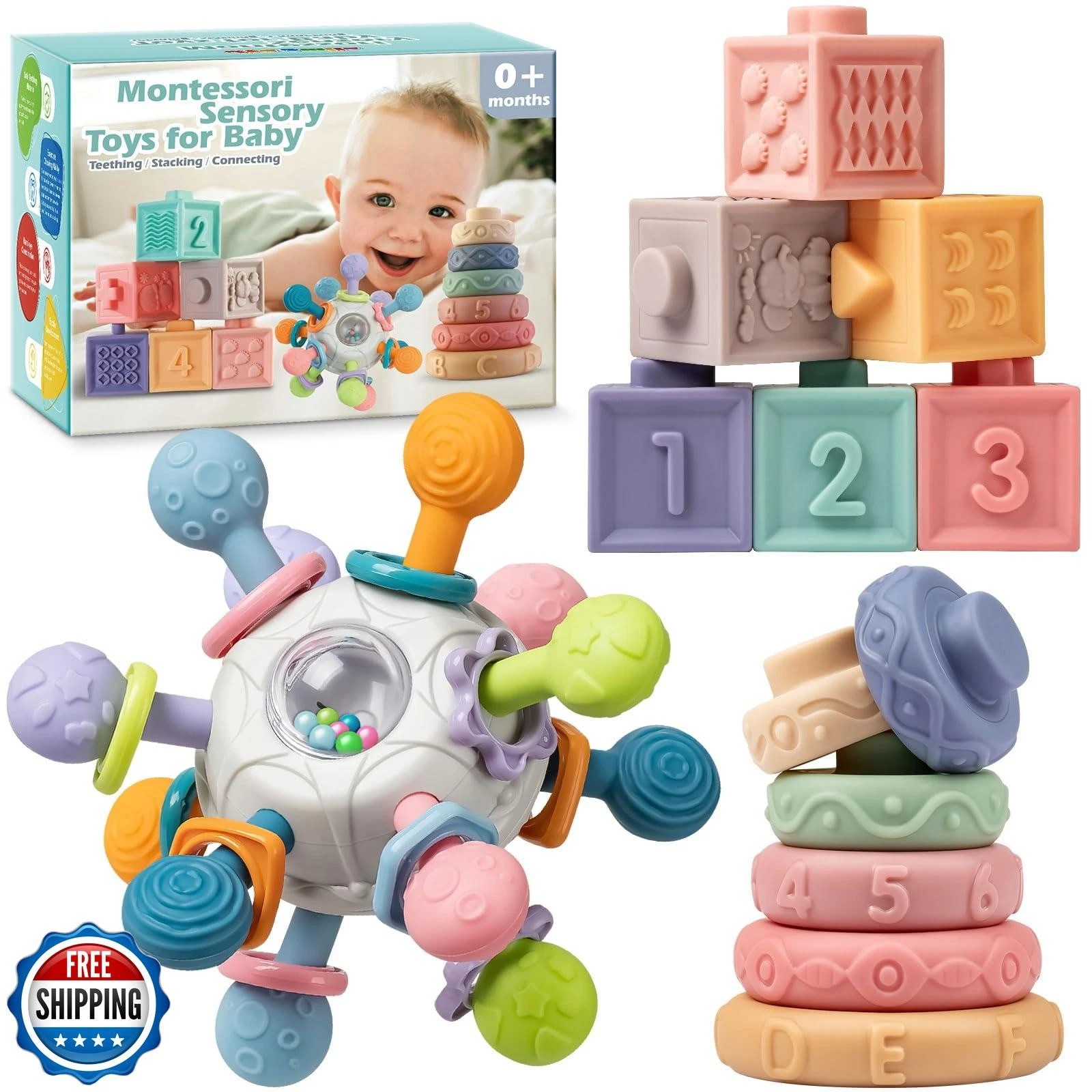 Baby Sensory Teething Toys Set, Montessori Baby Toys 6-12 Months,