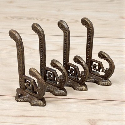 Set of 4 Hand Painted Black & Gold Eastlake Style Cast Iron Hooks Hangers