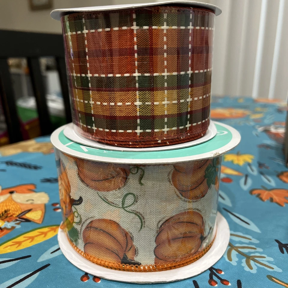 (2) CINTA DE OTOÑO 🎃🍂 CALABAZA Y CUADROS Deluxe Borde con cable 2,5" con x 30 pies L EXCELENTE Foto 2 de 4