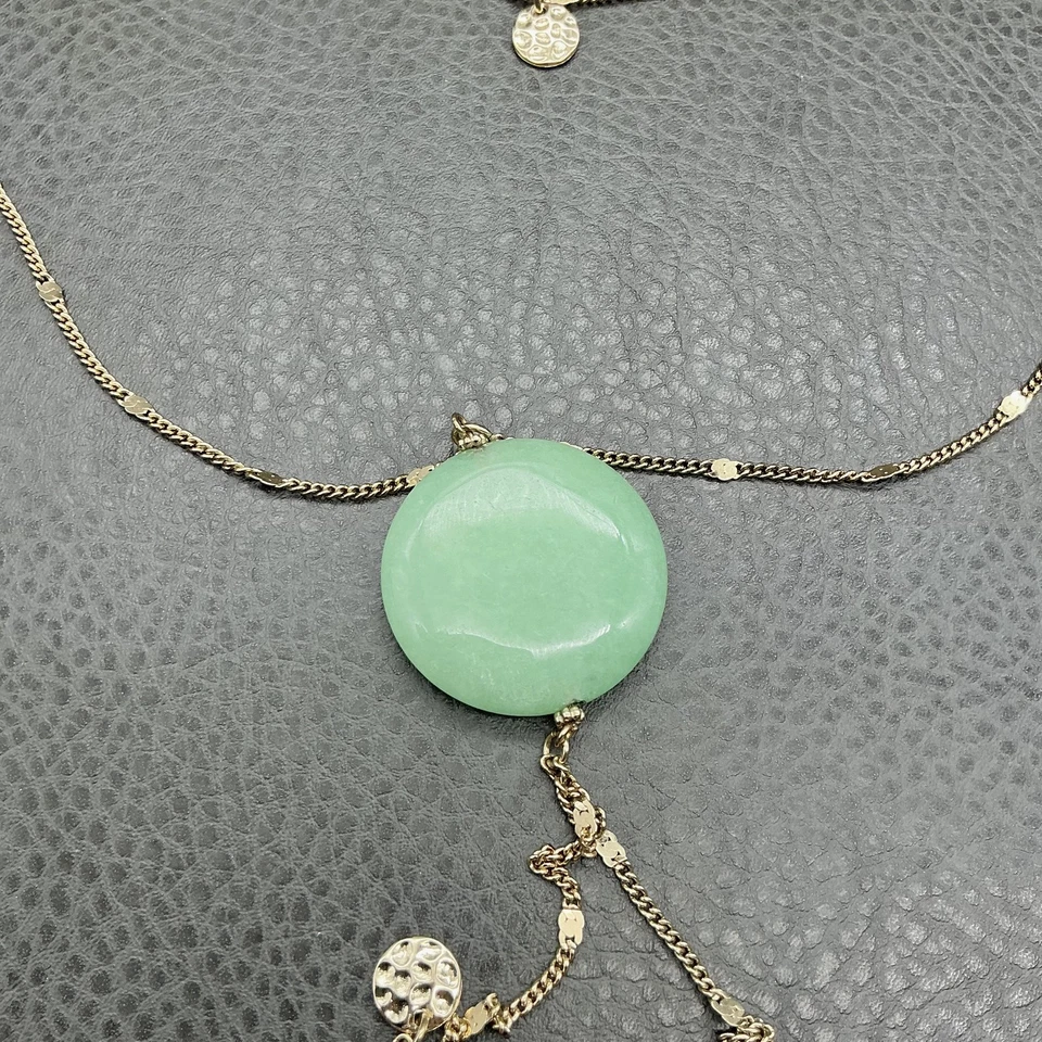 Layered Gold Tone Necklace Double Chain Green Jade Pendant Statement Jewelry - Image 3 of 4