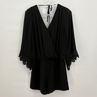 A. Byer Womens Black Crochet Lace Bell Sleeve Romper V-Neck 0092J2R Small