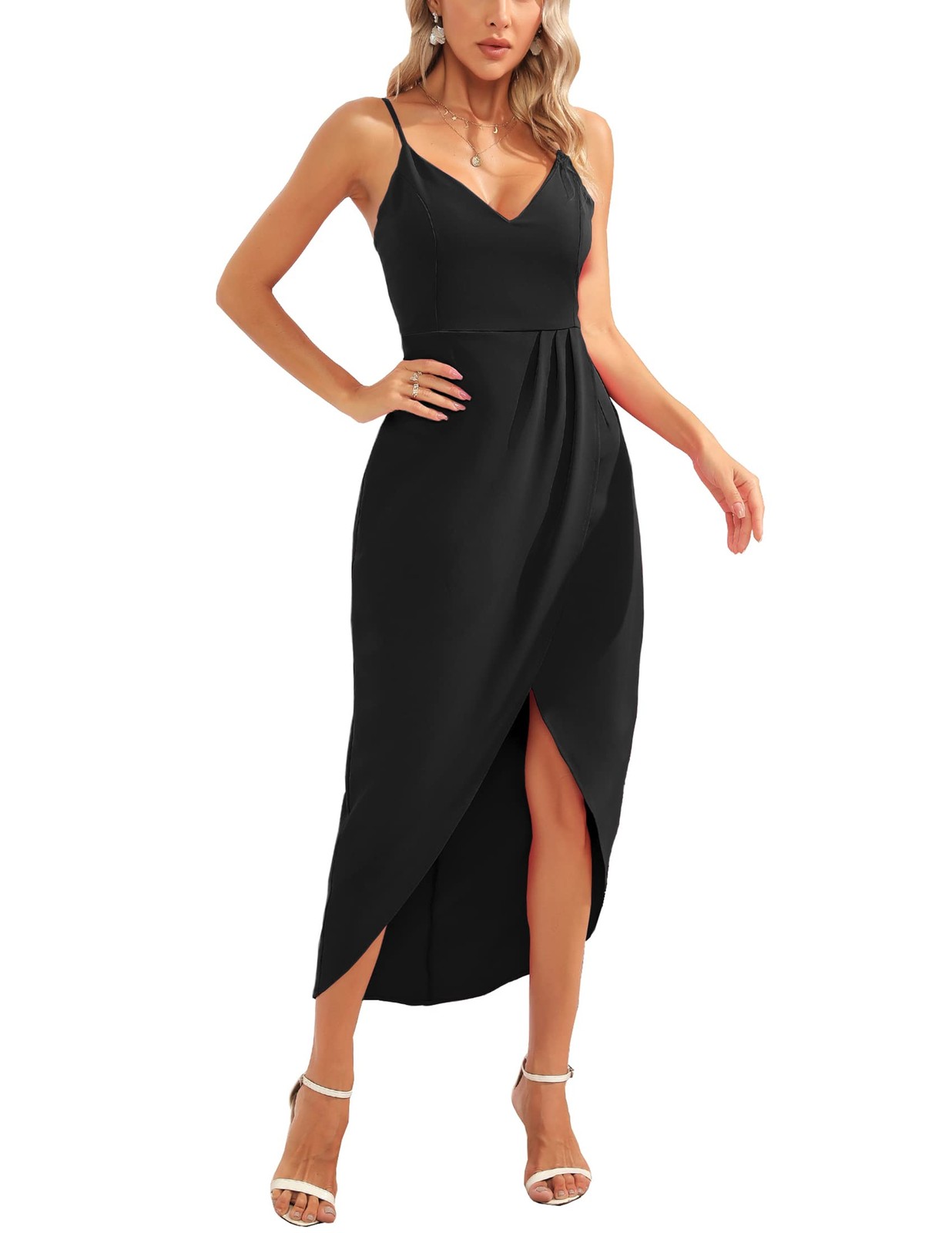 CMZ2005 V Neck Backless Maxi Dress Sleeveless Spaghetti Straps (Medium, Black)