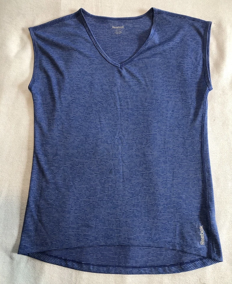 Camiseta sin mangas deportiva Reebok azul a rayas cuello en V entrenamiento poliéster para mujer S pequeña Foto 3 de 4