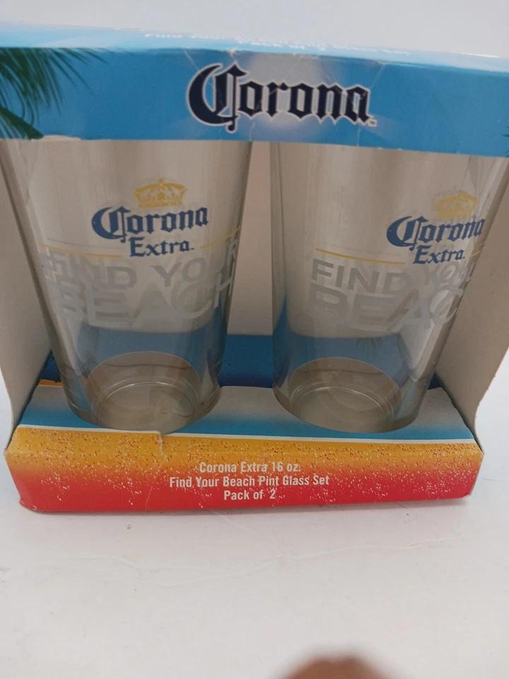 Corona Extra 16 oz "Find Your Beach" Pint Glass Set of 2 Home Pool Bar Foto 3 de 4