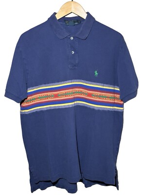Vtg Polo Ralph Lauren Polo Shirt Men s Sz Large Aztec Southwest Stripe Navy Blue