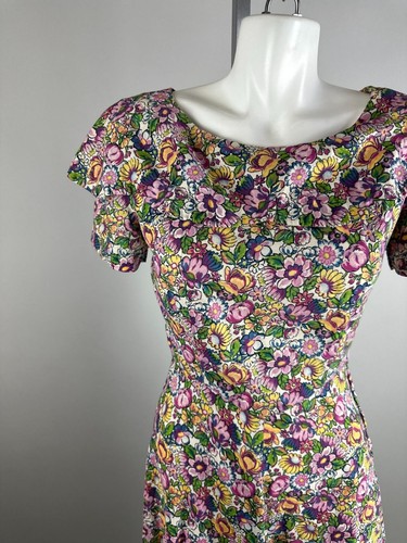Vtg 40s Handmade Floral Day Dress Scalloped Neckline Cottagecore Fairy Sz Small - Picture 10 of 11