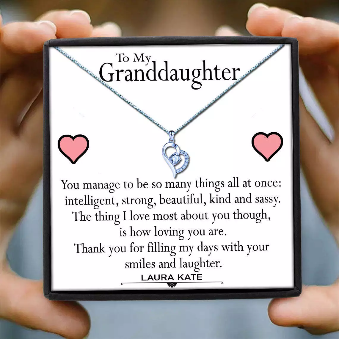 Granddaughter Gifts Heart CZ Silver Necklace with Personalised Message Gift Box