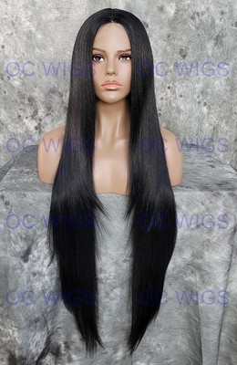 Super Long Straight Lace Front Human Hair Blend Wig Jet Black