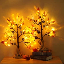 2 Pack 24" Artificial Fall Oak Maple Pumpkin Tree LED for Thanksgiving Decor