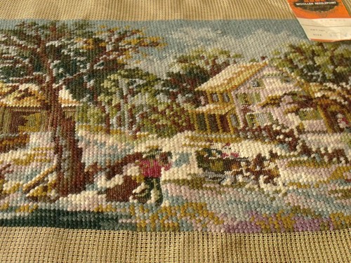 Vintage Antique Needlepoint Tapestry Completed Handmade Country View After Snow - Picture 3 of 4