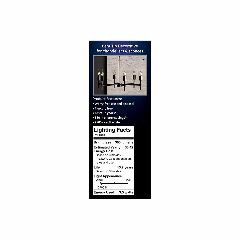 24- GE LED 40 Watt Candelabra Chandelier Light Bulb E12 300 Lumen 3.5 Watt Clear - Image 2 of 4