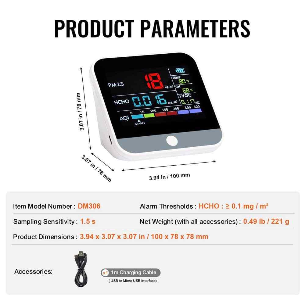 SKYSHALO Mini Air Quality Monitor 8-IN-1 PM2.5 PM10 PM1.0 w/AQI