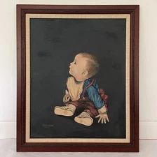 Vintage 1963 Oil Painting On Canvas Board A Toddler Signed Framed 23.5” x 19.5”