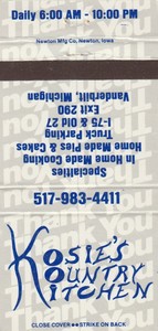 Vintage Matchbook Cover Kosie S Kountry Kitchen Vanderbilt Mi Ebay