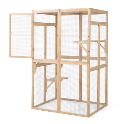 64'' Wooden Cat Cage Outdoor Cat House Platforms Board Hammock Door Kitten Condo