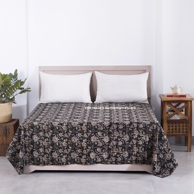 Indian Block Print Queen Size Kantha Quilt Black Mud Throw