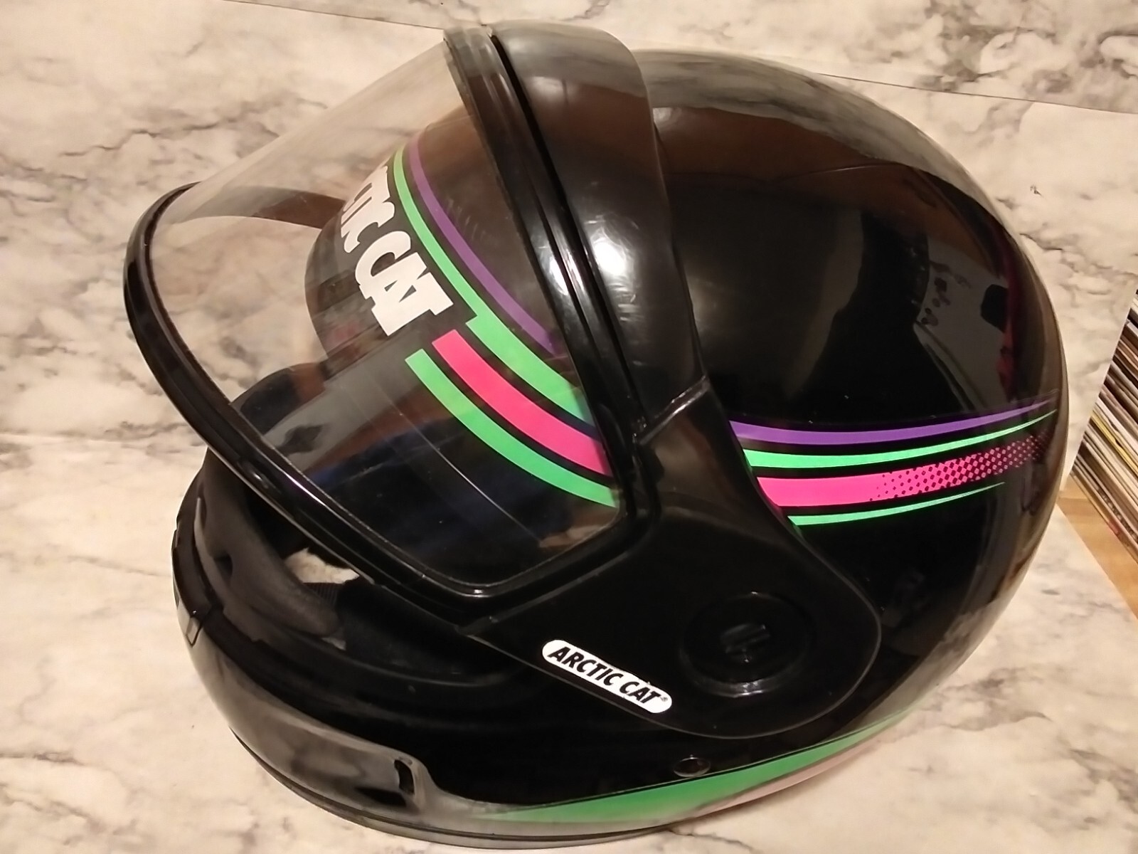 Vntg KBC ARCTIC CAT Snowmobile Helme Black/Green/Purple w/ Face Shield