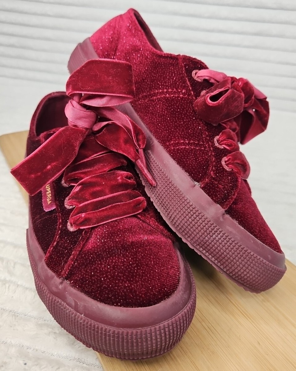 Superga Velvet Lace Wine Trainers Sneakers Glitter Low Top UK Size