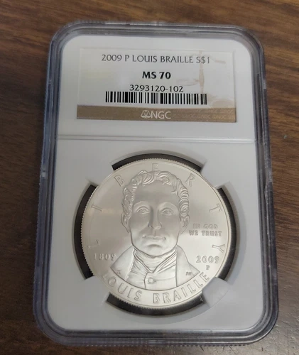 2009 P Louis Braille Bicentennial Commemorative Unc. Silver Dollar - NGC MS70 