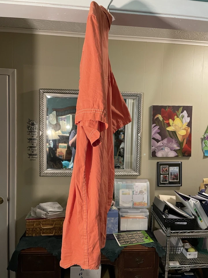 True Religion Men's Orange Denim Pearl Snap Western Shirt 3XL  Orange Stitch.Y2K - Image 3 of 4