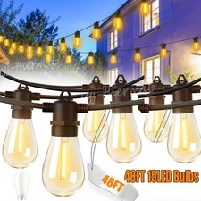 48FT LED Outdoor String Lights Shatterproof Bulbs Commercial Patio Party Garden