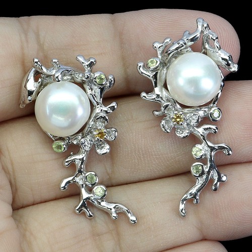 925 Sterling Silver Earrings Round Peridot 2mm Sapphire Pearl Gemstone Jewelry - Picture 2 of 13