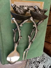 Charcuterie Serving Spoon Fork Set Bird On Nest farmhouse birds silver wood Gift