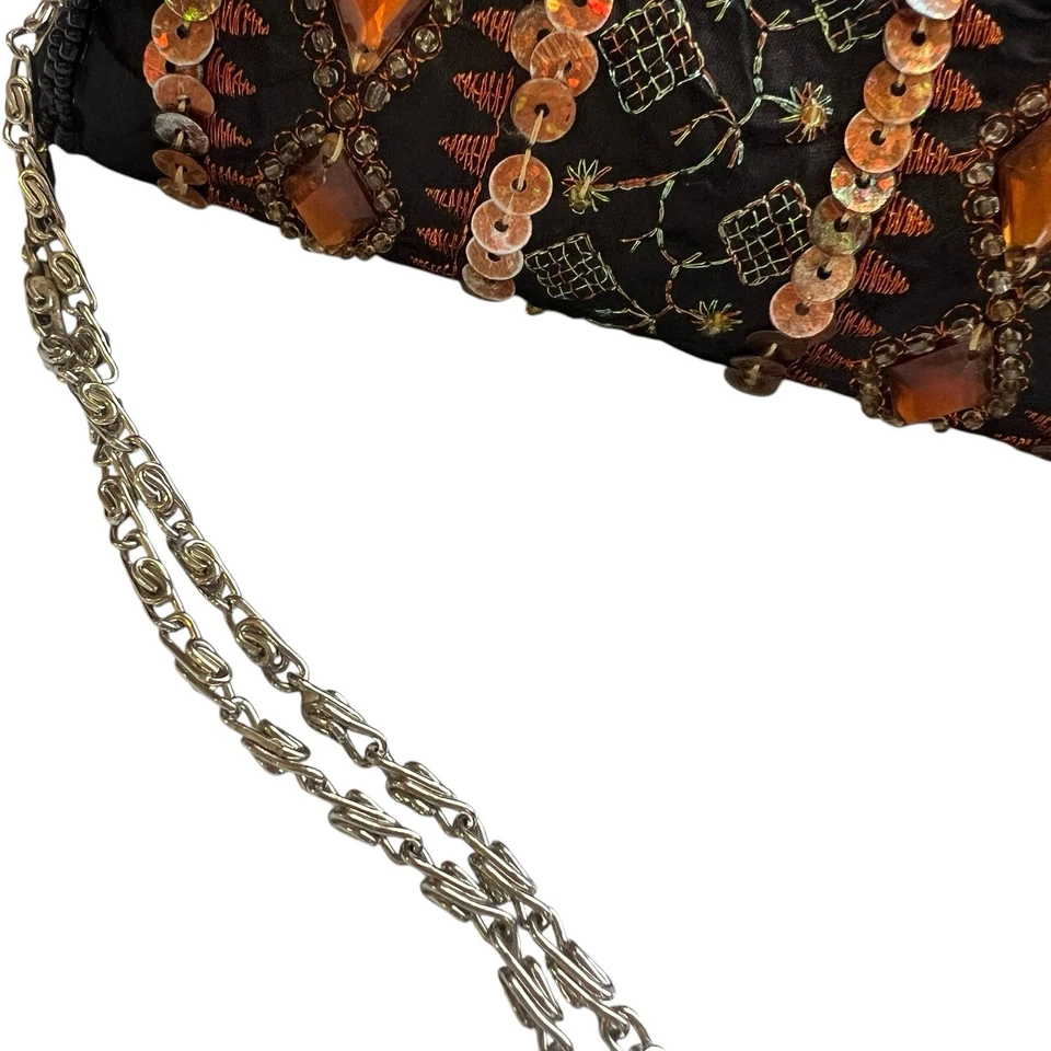 Bolsa de noite feminina vintage bolsa clutch cetim frisado lantejoulas corrente alça festa - Imagem 3 de 4