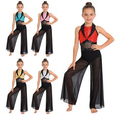 Kids Girls Dancewear Jazz Bodysuit Lyrical Jumpsuit Performance Sleeveless Mesh